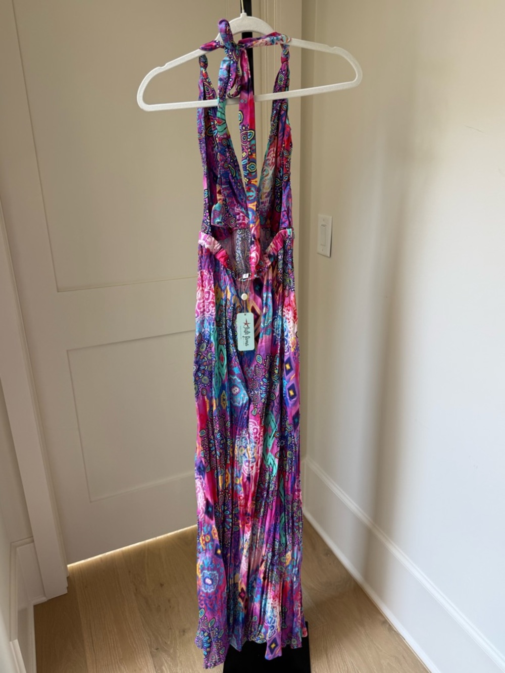 NEW Luli Fama Deep Plunge Halter Neck Long Dress - Pink Lagoon - Picture 2 of 5